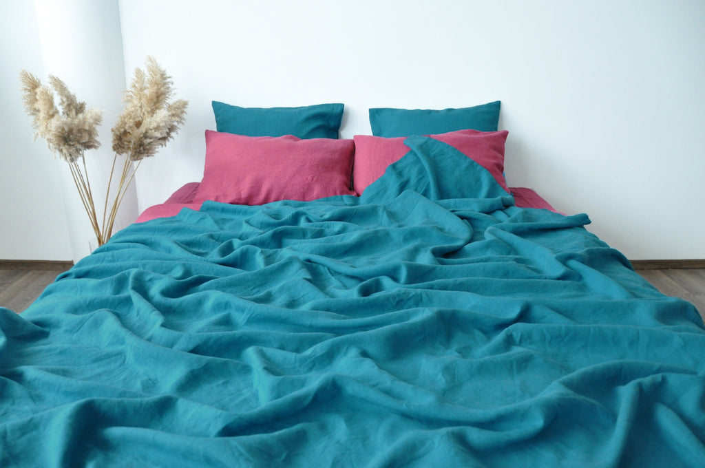 READY TO SHIP Sea wave linen coverlet Blue double layered linen coverlet Stonewashed Medium weight blanket Summer blanket
