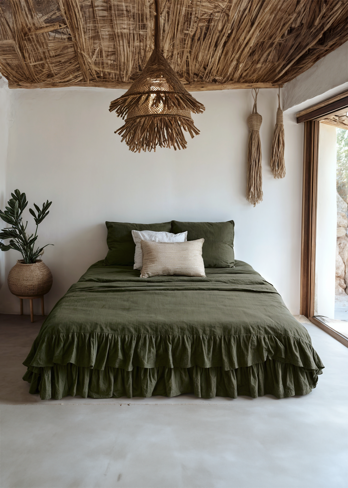 Housse de couette double à volants en lin olive foncé