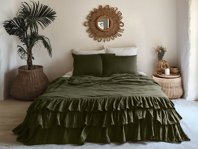 Dark olive linen triple ruffled duvet cover