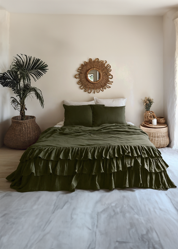 Dark olive linen triple ruffled bedding set