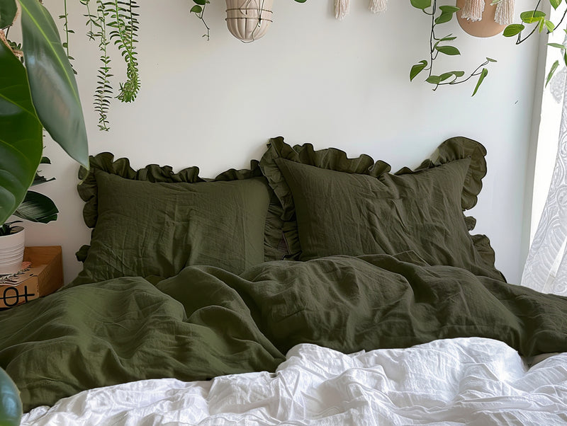 Dark olive linen triple ruffled duvet cover