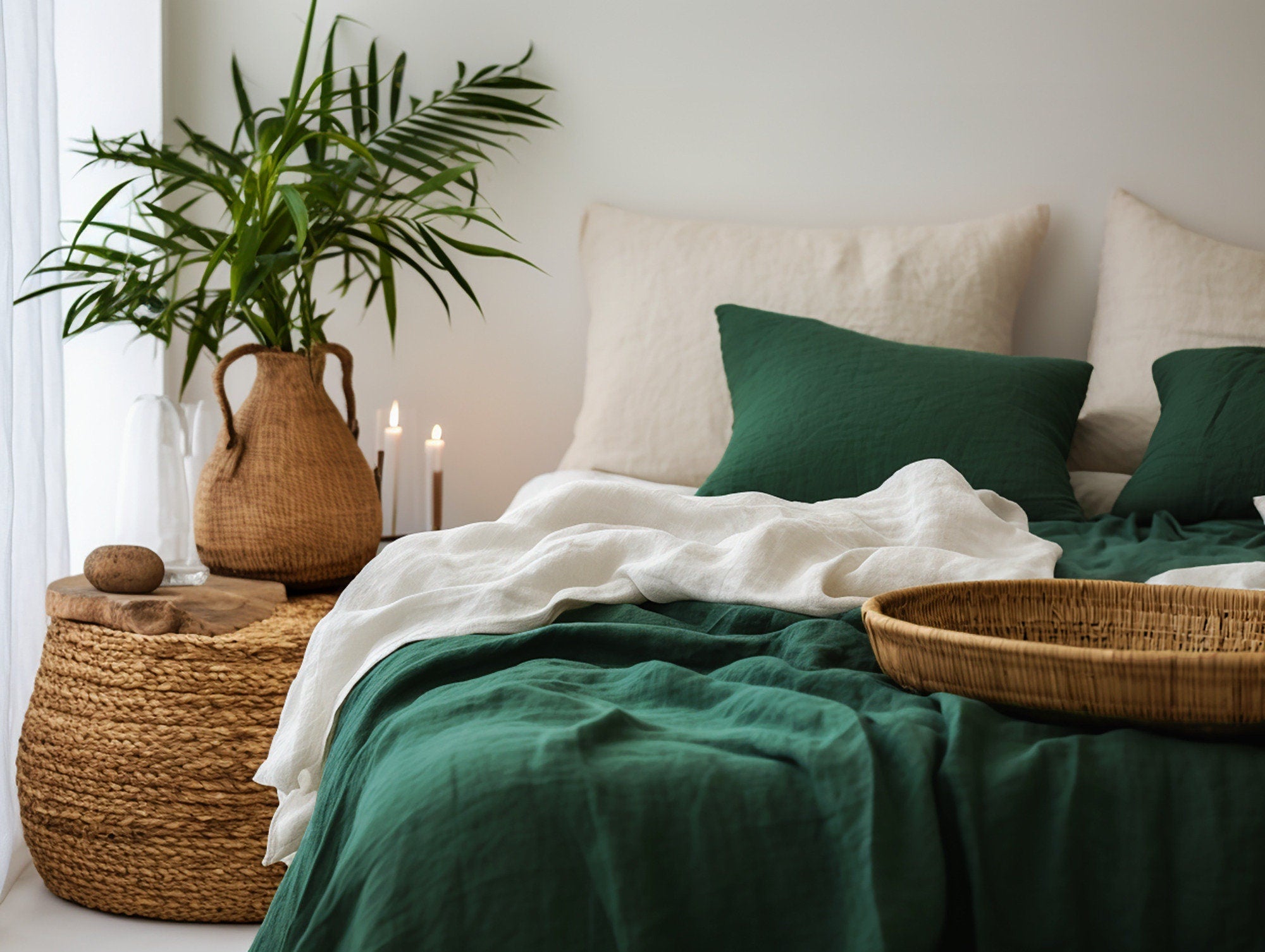 READY TO SHIP Forest green softened linen coverlet Medium weight Green bed cover Twin blanket Emerald green bed throw