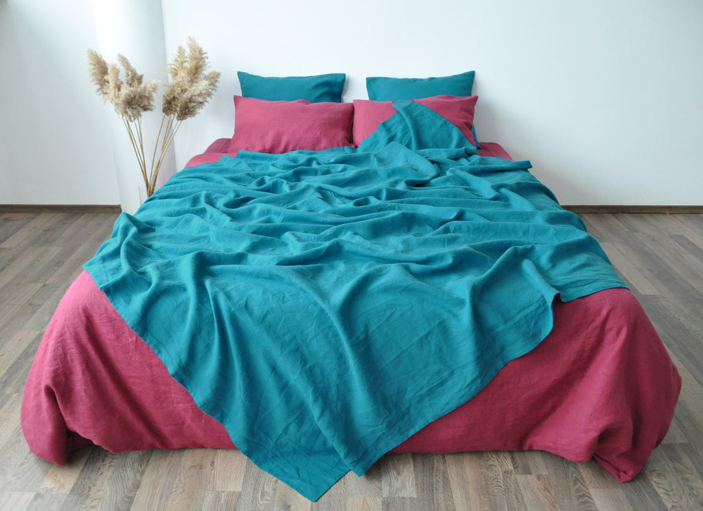 READY TO SHIP Sea wave linen coverlet Blue double layered linen coverlet Stonewashed Medium weight blanket Summer blanket