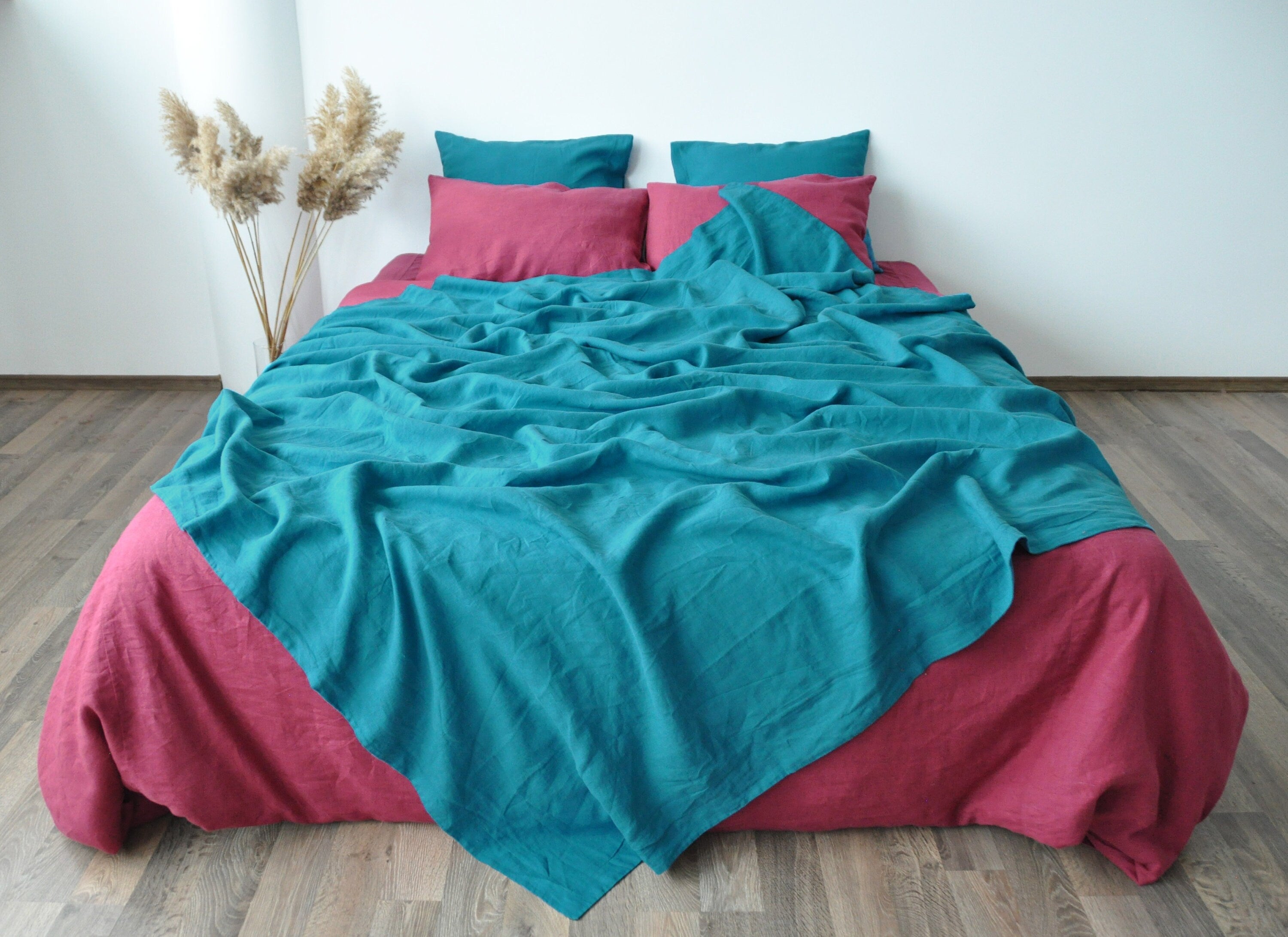 READY TO SHIP Sea wave linen coverlet Blue double layered linen coverlet Stonewashed Medium weight blanket Summer blanket