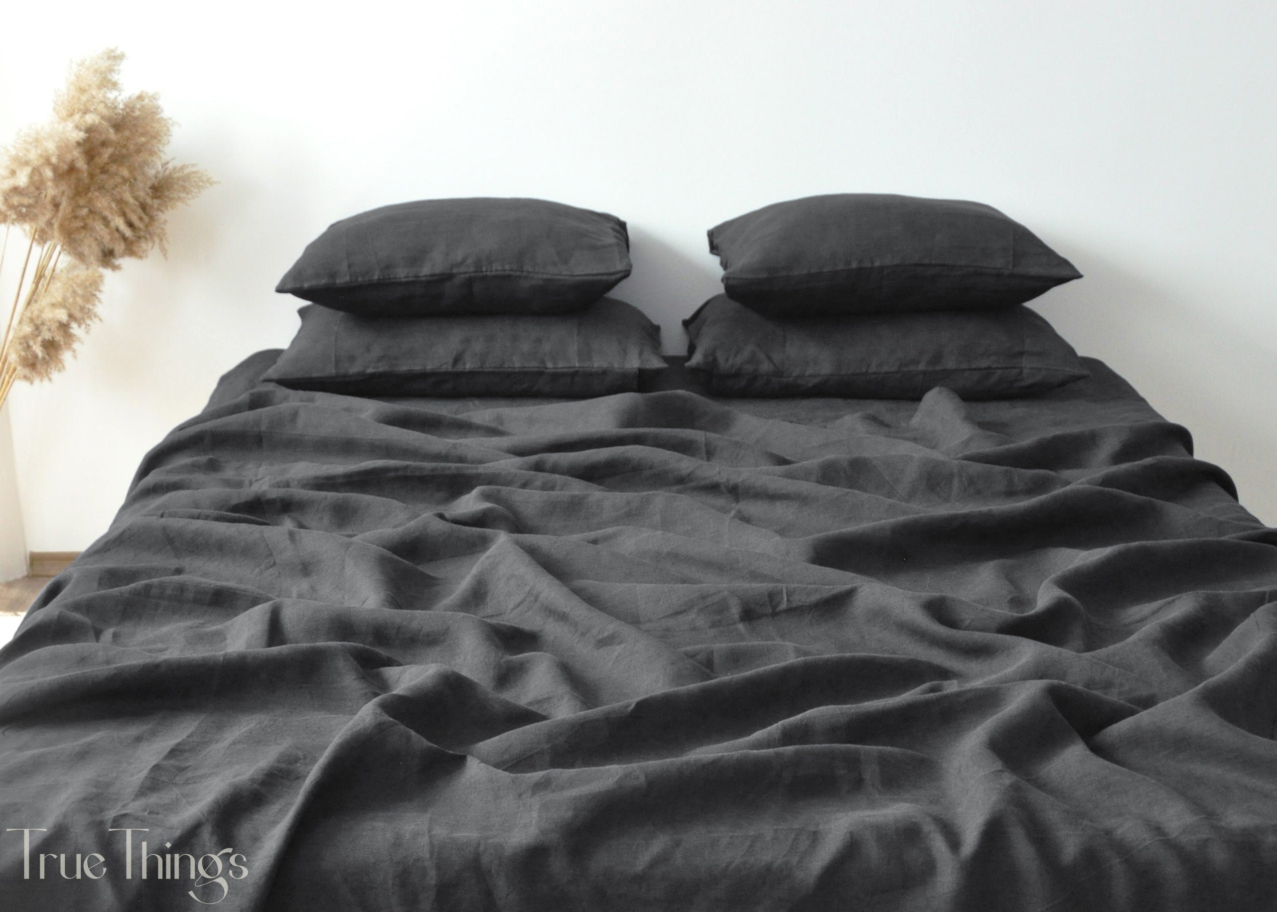 READY TO SHIP 1 Charcoal linen fitted sheet and 2 pillowcases Fitted sheet Softened linen sheet Stonewashed linen