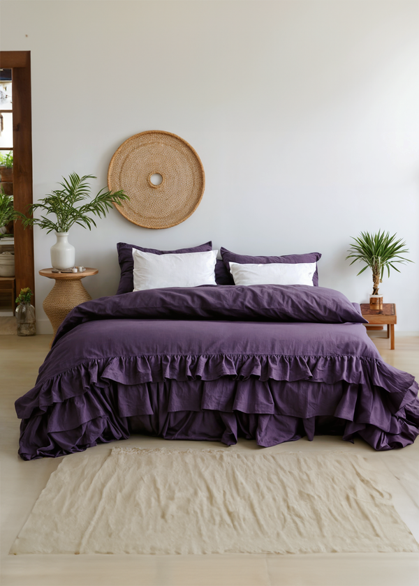 Deep purple linen triple ruffled bedding set