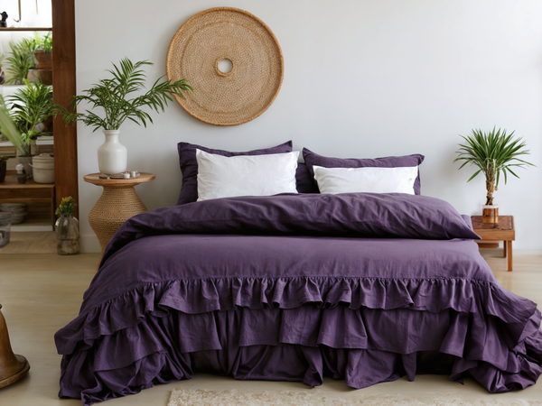 Deep purple linen triple ruffled duvet cover