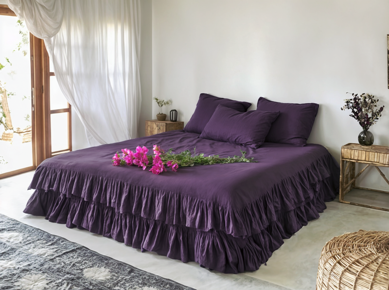 Deep purple linen triple ruffled duvet cover