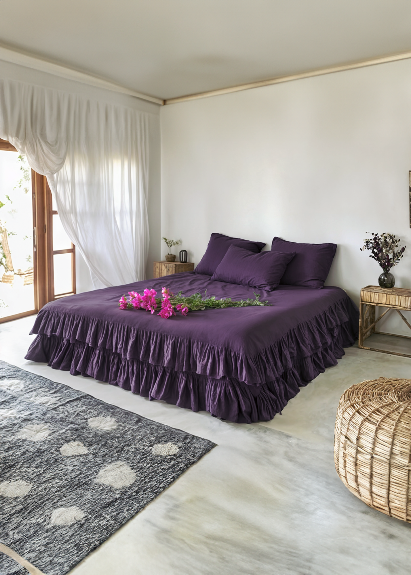 Housse de couette double à volants en lin violet foncé