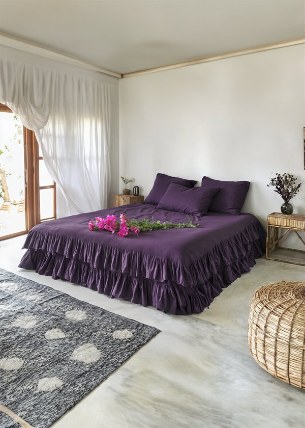 Deep purple linen double ruffled bedding set