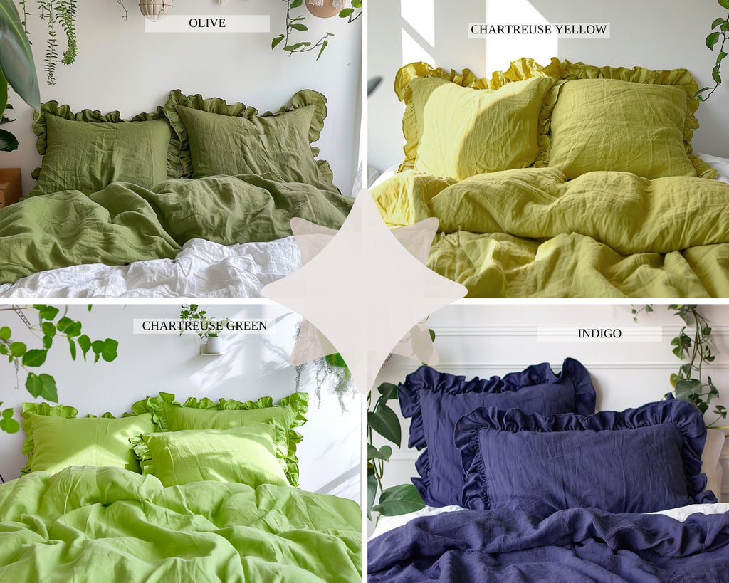 READY TO SHIP Chartreuse yellow and other colors ruffled linen pillow cover Linen pillowcase with ruffles Standard Queen King pillow case