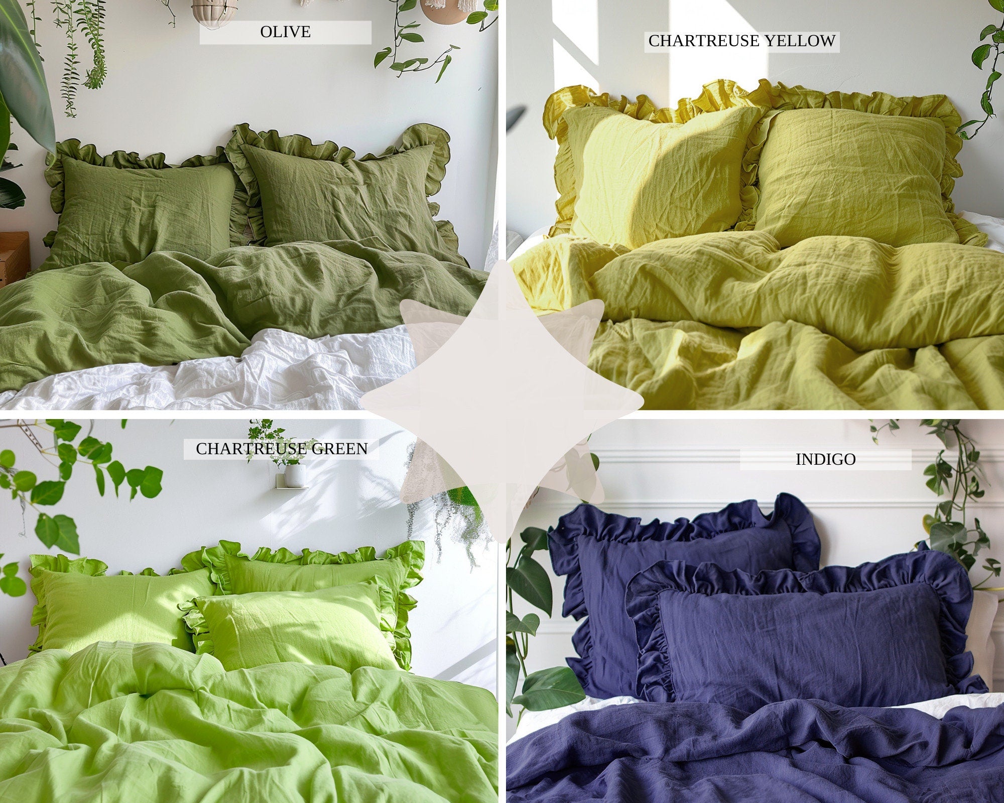 READY TO SHIP Chartreuse yellow and other colors ruffled linen pillow cover Linen pillowcase with ruffles Standard Queen King pillow case