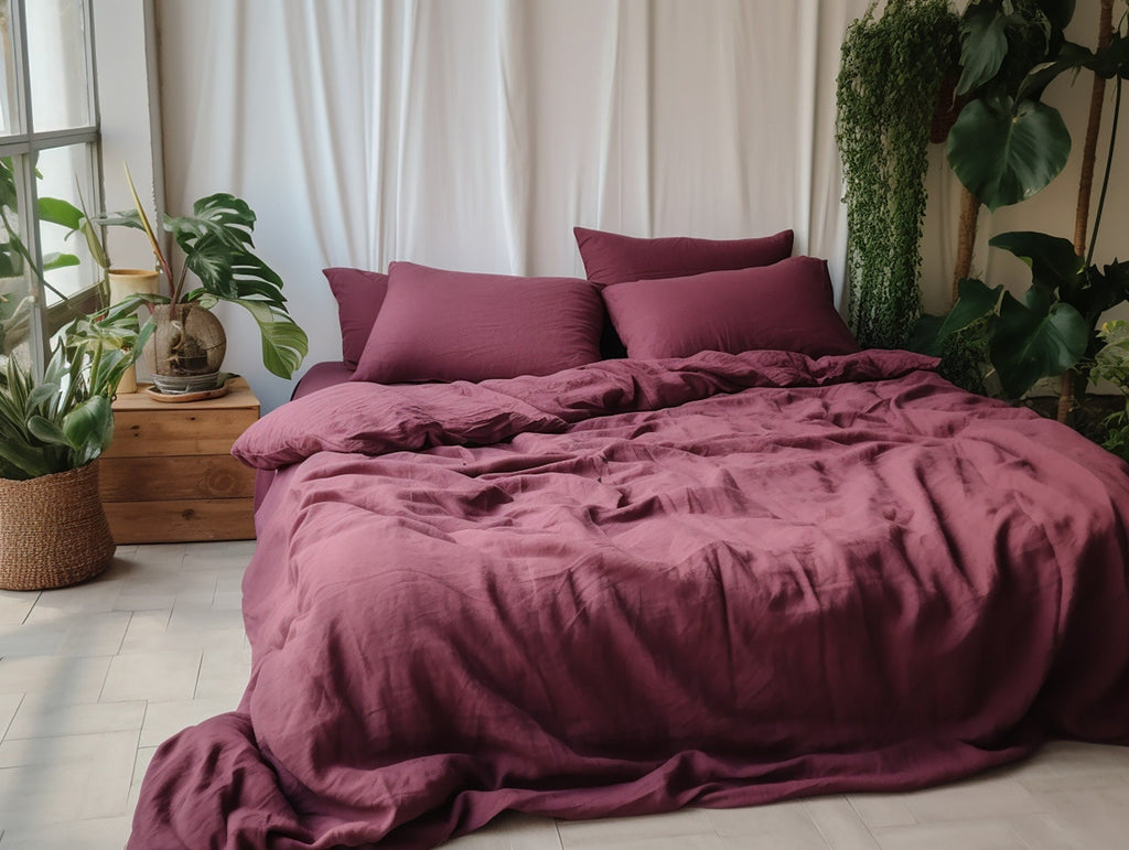 READY TO SHIP from Florida 1 Burgundy linen duvet cover 1 duvet cover Softened linen Purple comforter cover Ribbon ties Zipper