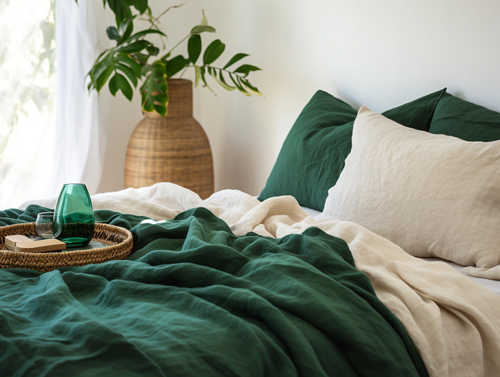 READY TO SHIP Forest green softened linen coverlet Medium weight Green bed cover Twin blanket Emerald green bed throw