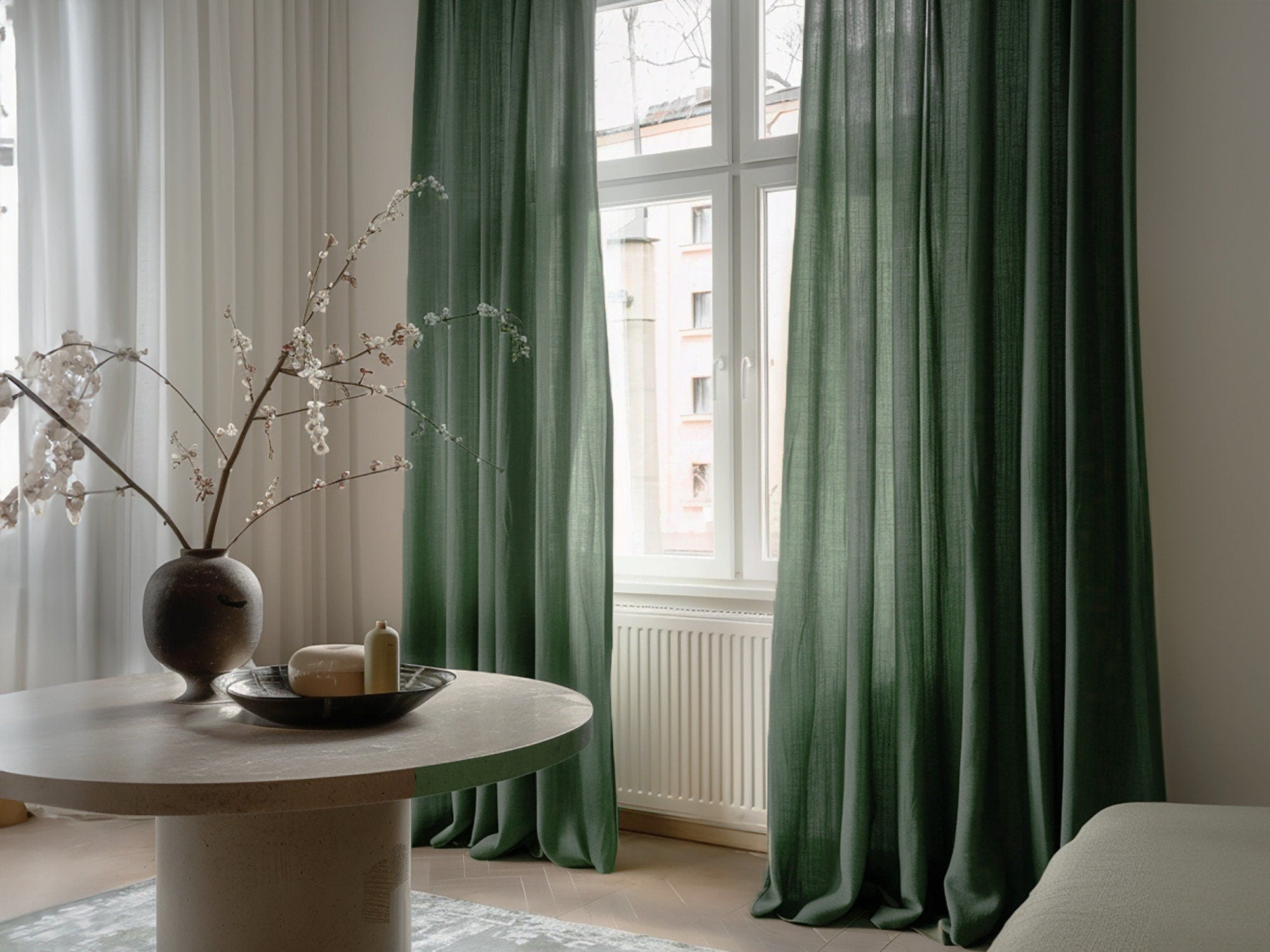 READY TO SHIP Pine green blackout linen curtains with rod pocket 2 panels Blackout lining Medium weight linen