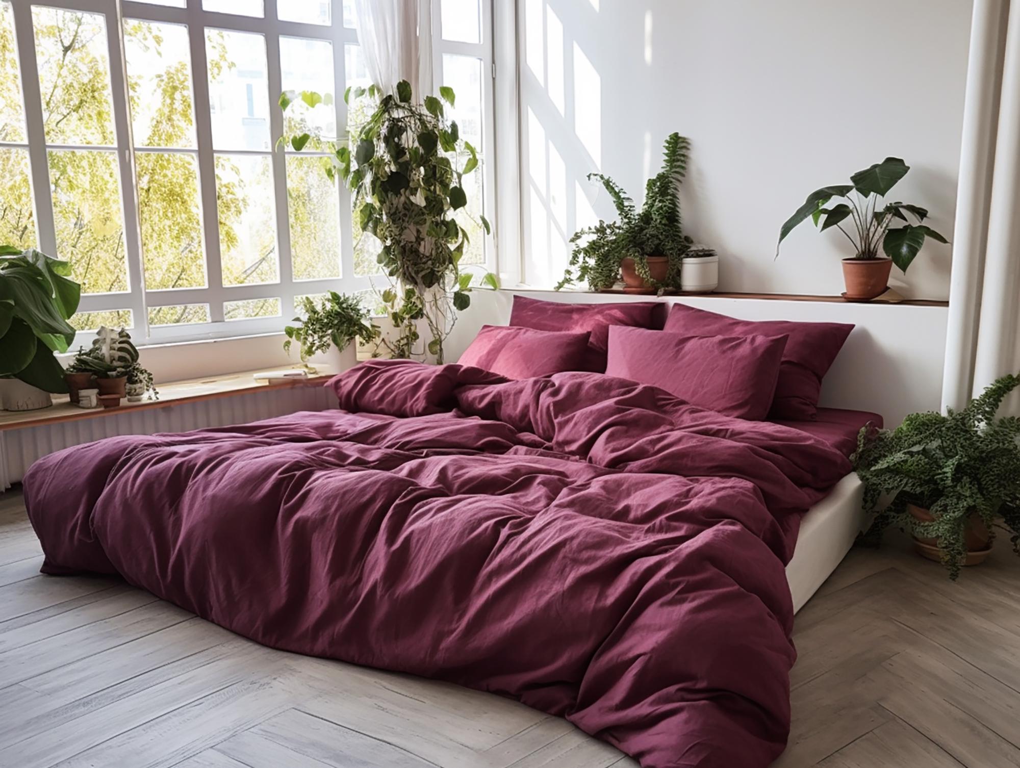 READY TO SHIP from Florida 1 Burgundy linen duvet cover 1 duvet cover Softened linen Purple comforter cover Ribbon ties Zipper