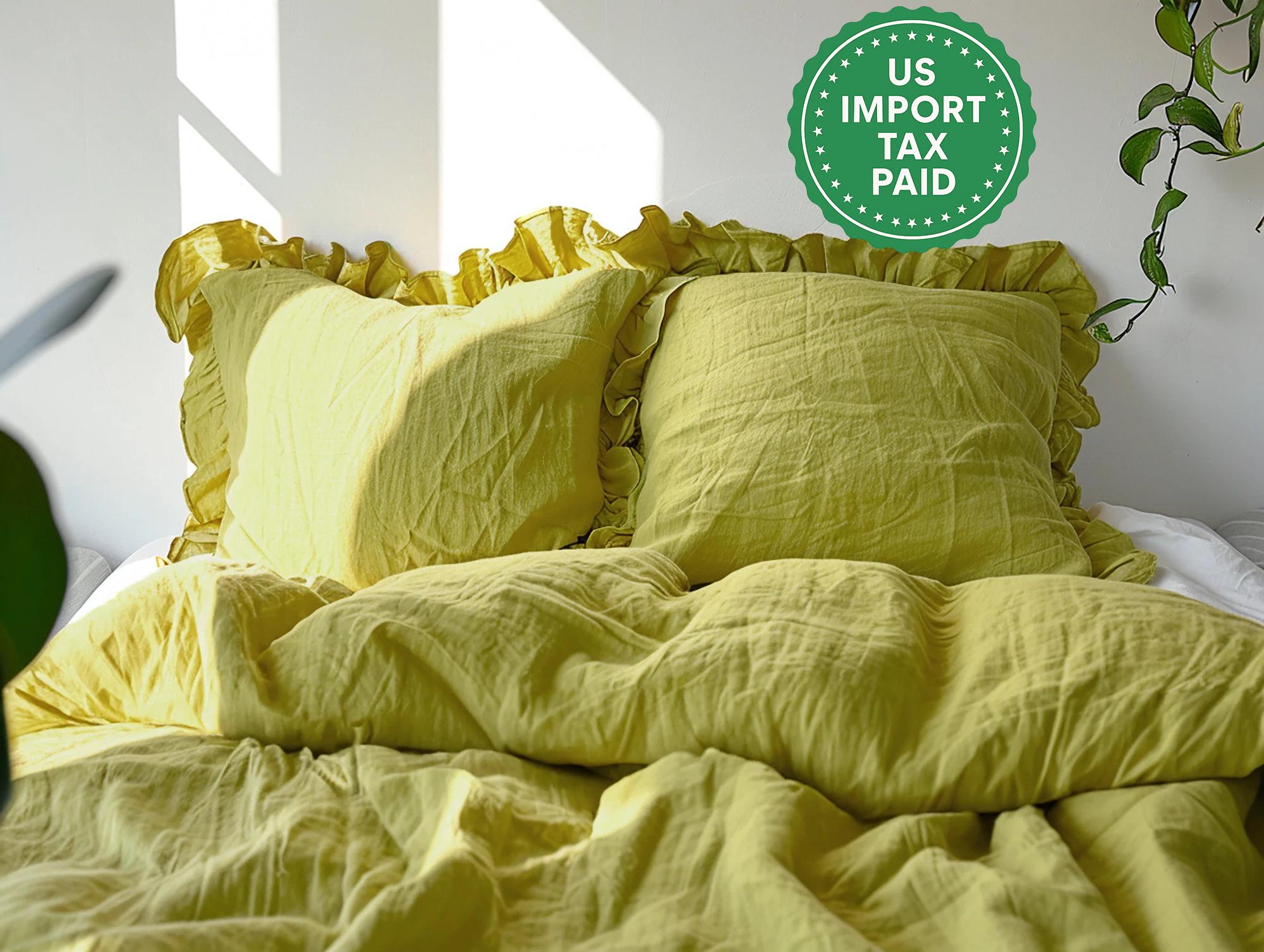 READY TO SHIP Chartreuse yellow and other colors ruffled linen pillow cover Linen pillowcase with ruffles Standard Queen King pillow case