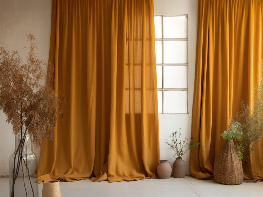 READY TO SHIP Ochre linen curtains 2 panels Cotton lining Medium weight linen Custom size
