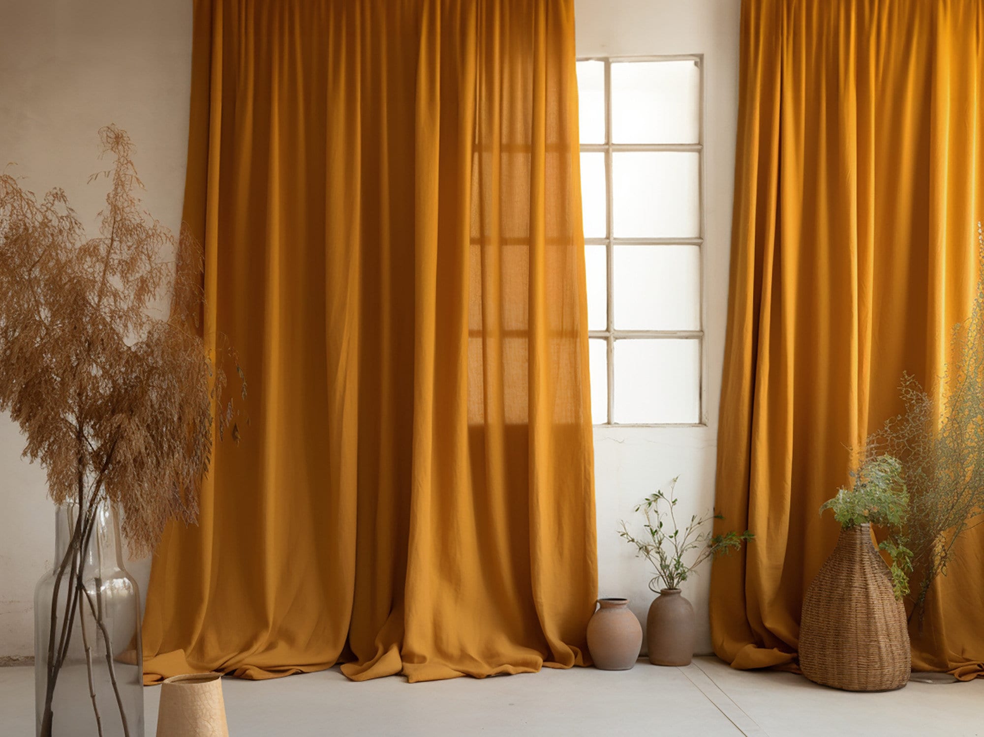 READY TO SHIP Ochre linen curtains 2 panels Cotton lining Medium weight linen Custom size