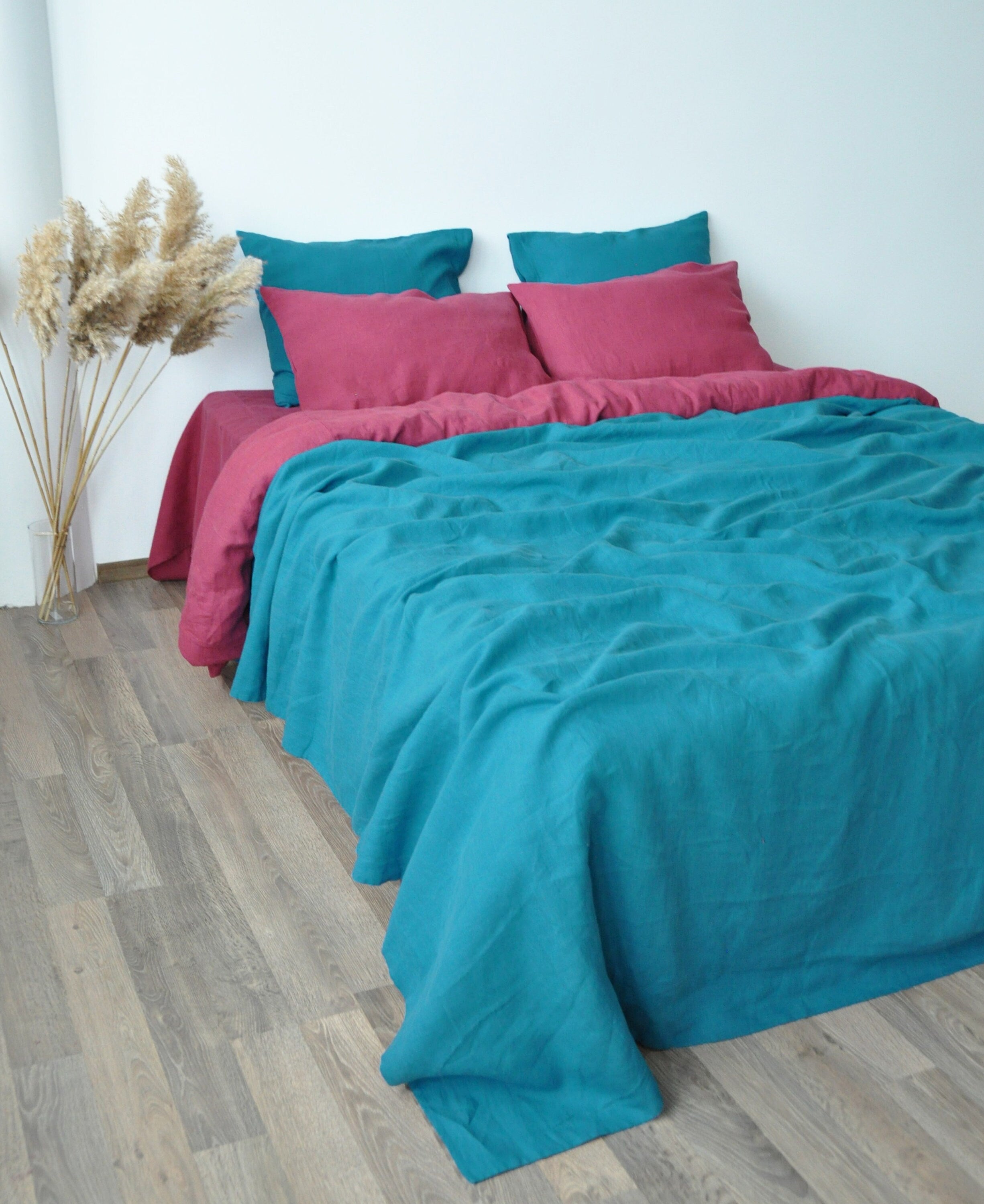 READY TO SHIP Sea wave linen coverlet Blue double layered linen coverlet Stonewashed Medium weight blanket Summer blanket