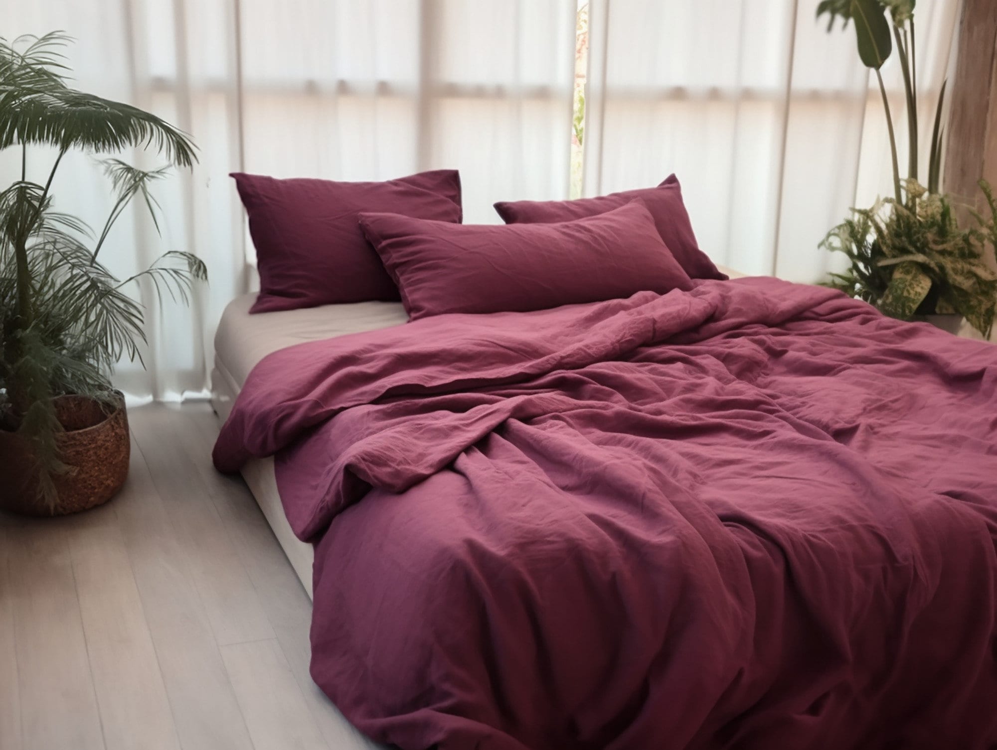 READY TO SHIP from Florida 1 Burgundy linen duvet cover 1 duvet cover Softened linen Purple comforter cover Ribbon ties Zipper