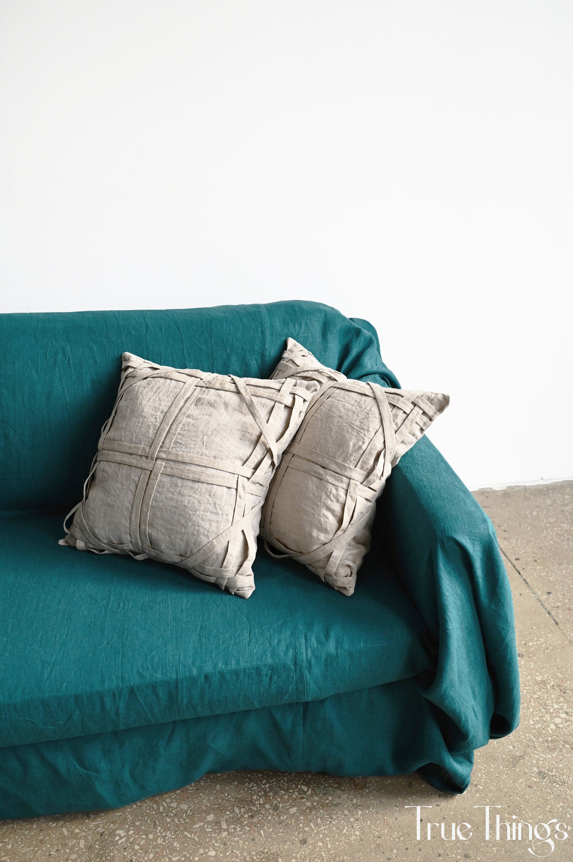 READY TO SHIP 1 undyed linen pillowcase Undyed linen pillow cover with fabric stripes Decorative Zipper closure