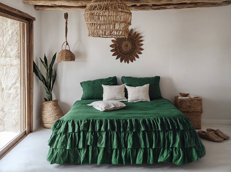 Forest green linen triple ruffled duvet cover