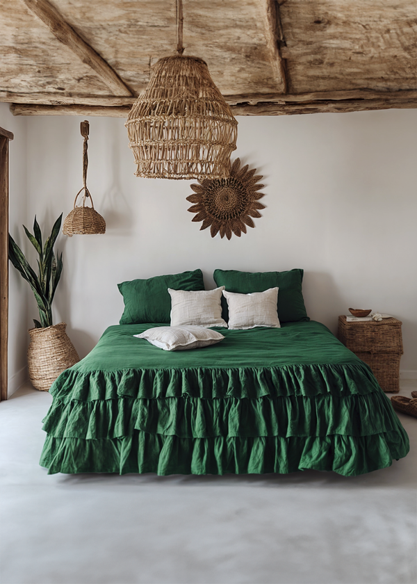 Forest green linen triple ruffled bedding set