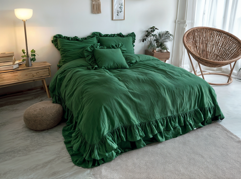 Forest green linen triple ruffled duvet cover