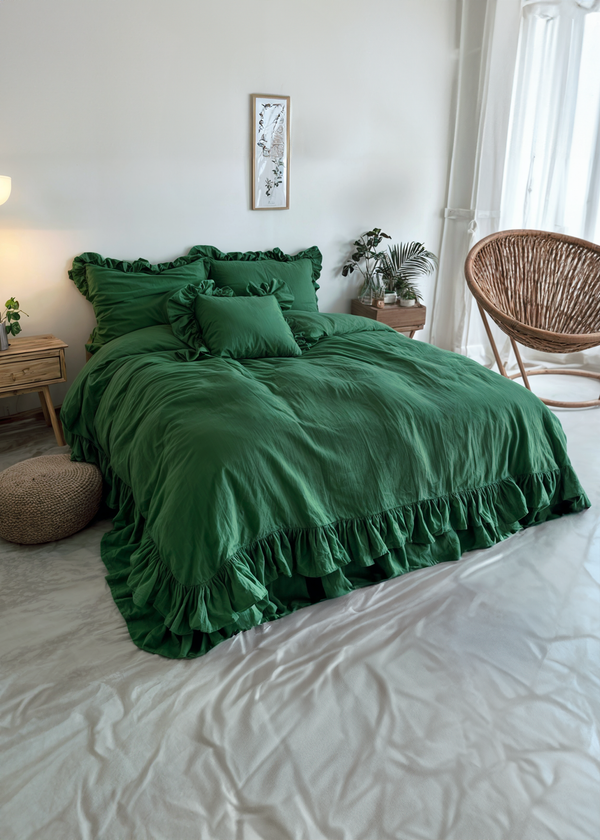 Forest green linen double ruffled bedding set