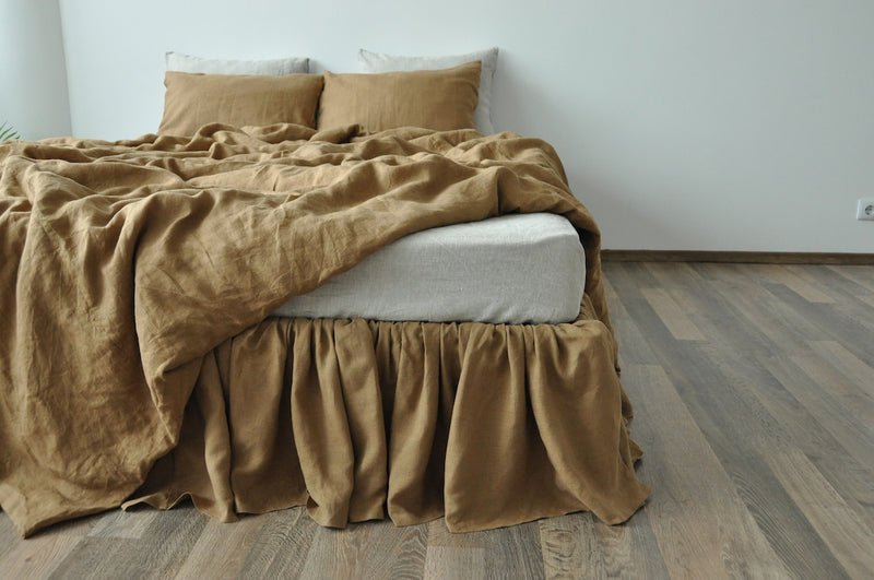 Taupe linen ruffled bed skirt