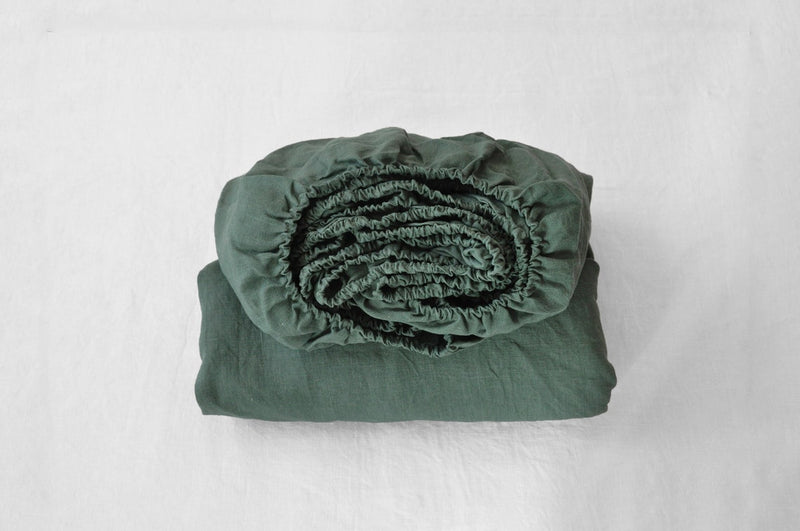 Ready to ship Pine green linen fitted sheet in King size