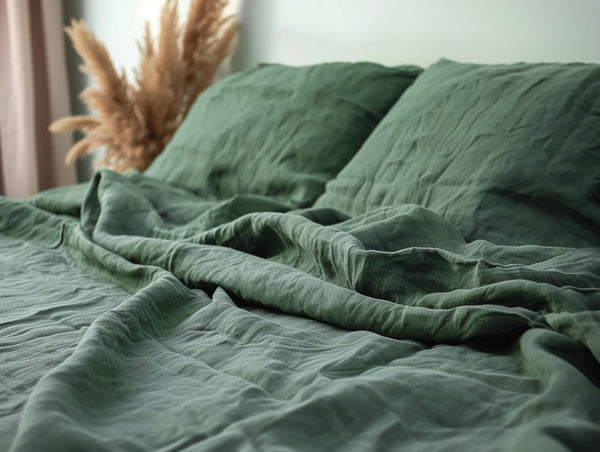 Ready to ship Pine green linen fitted sheet in King size