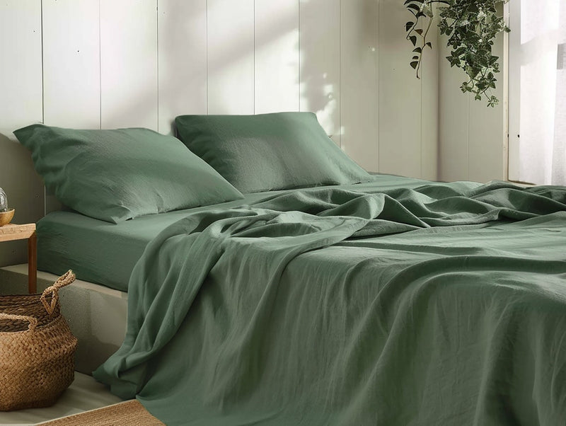 Ready to ship Pine green linen fitted sheet in King size
