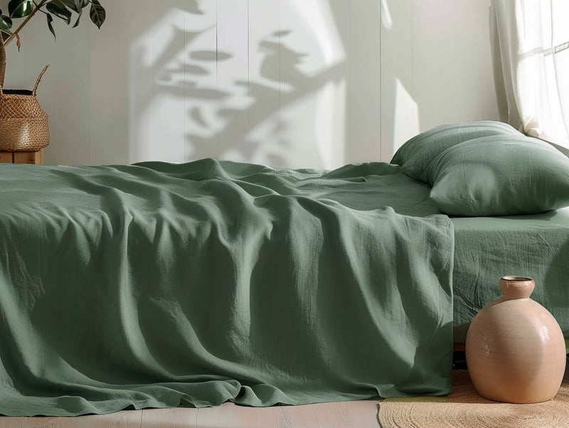 Ready to ship Pine green linen fitted sheet in King size