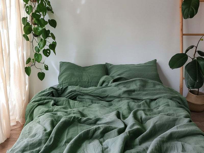 Ready to ship Pine green linen fitted sheet in King size