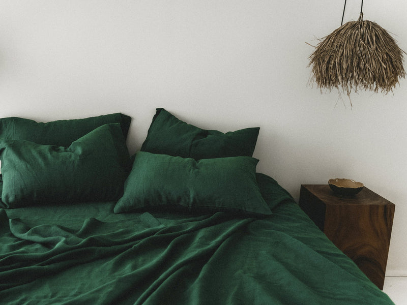 Ready to ship Forest green softened linen sheet set