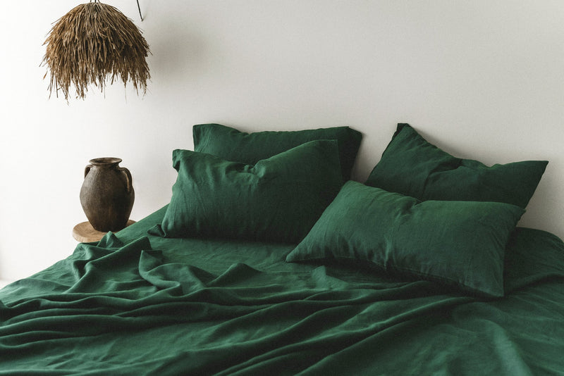 Ready to ship Forest green softened linen sheet set