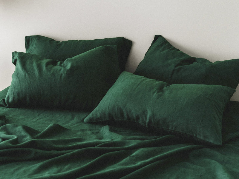 Ready to ship Forest green softened linen sheet set