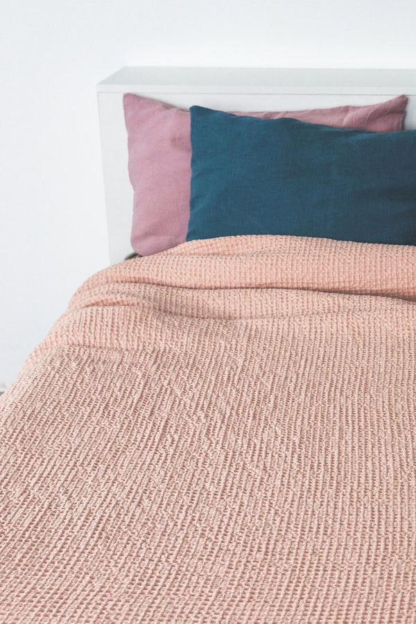 Ready to ship Peach waffle linen coverlet