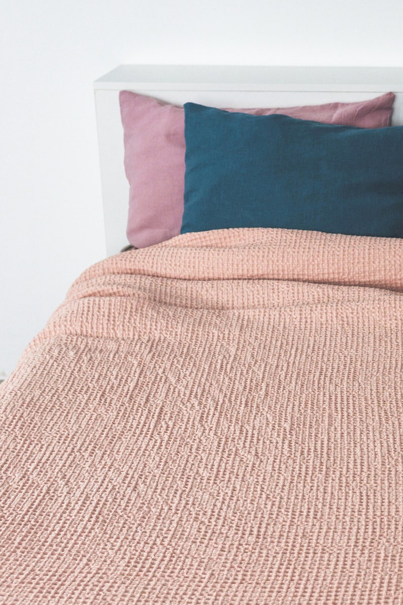 Ready to ship Peach waffle linen coverlet