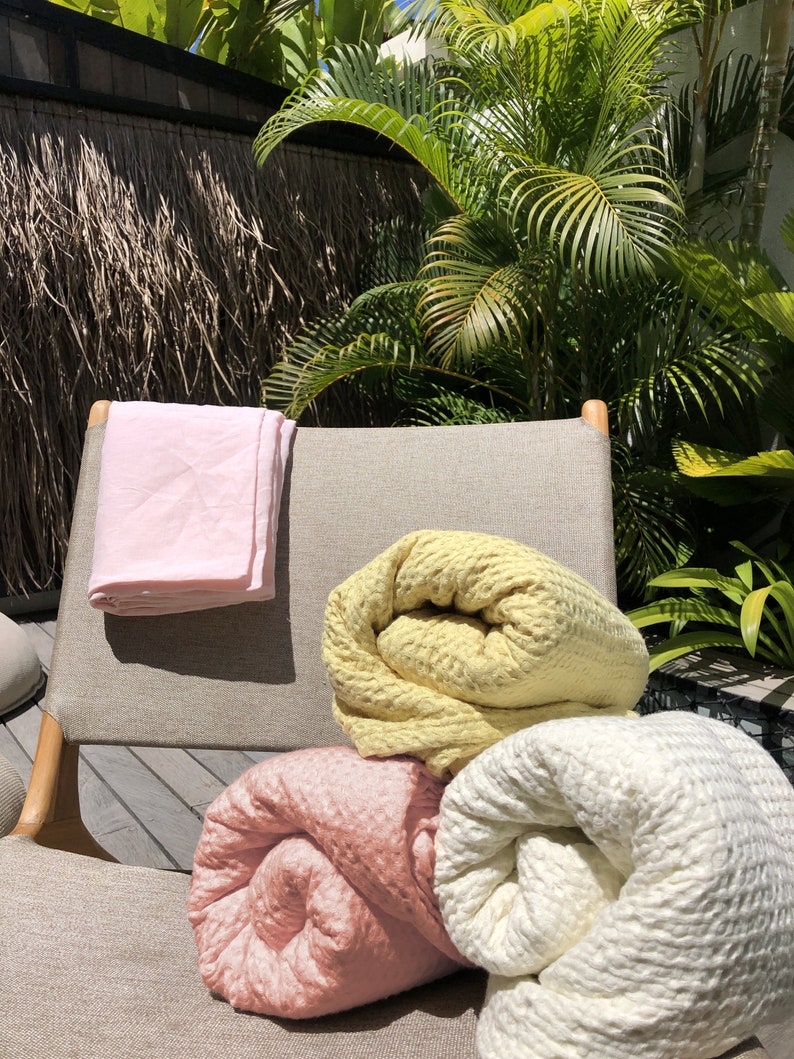 Ready to ship Peach waffle linen coverlet