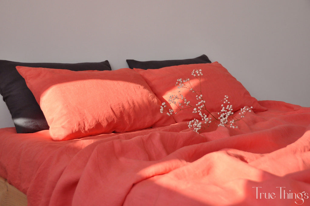 DRAP HOUSSE lin corail PRÊT À L'EXPÉDITION 1 Drap housse Drap en lin adouci Drap en lin lavé Drap de lit en lin Drap housse rouge en lin lavé