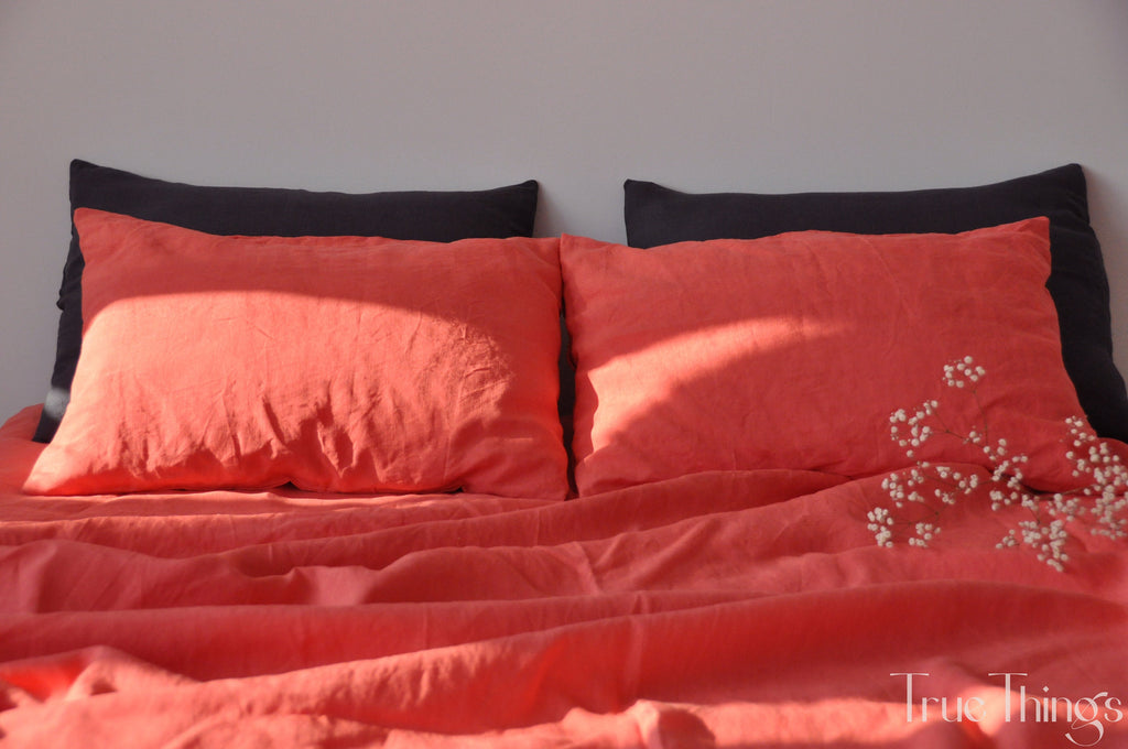 DRAP HOUSSE lin corail PRÊT À L'EXPÉDITION 1 Drap housse Drap en lin adouci Drap en lin lavé Drap de lit en lin Drap housse rouge en lin lavé