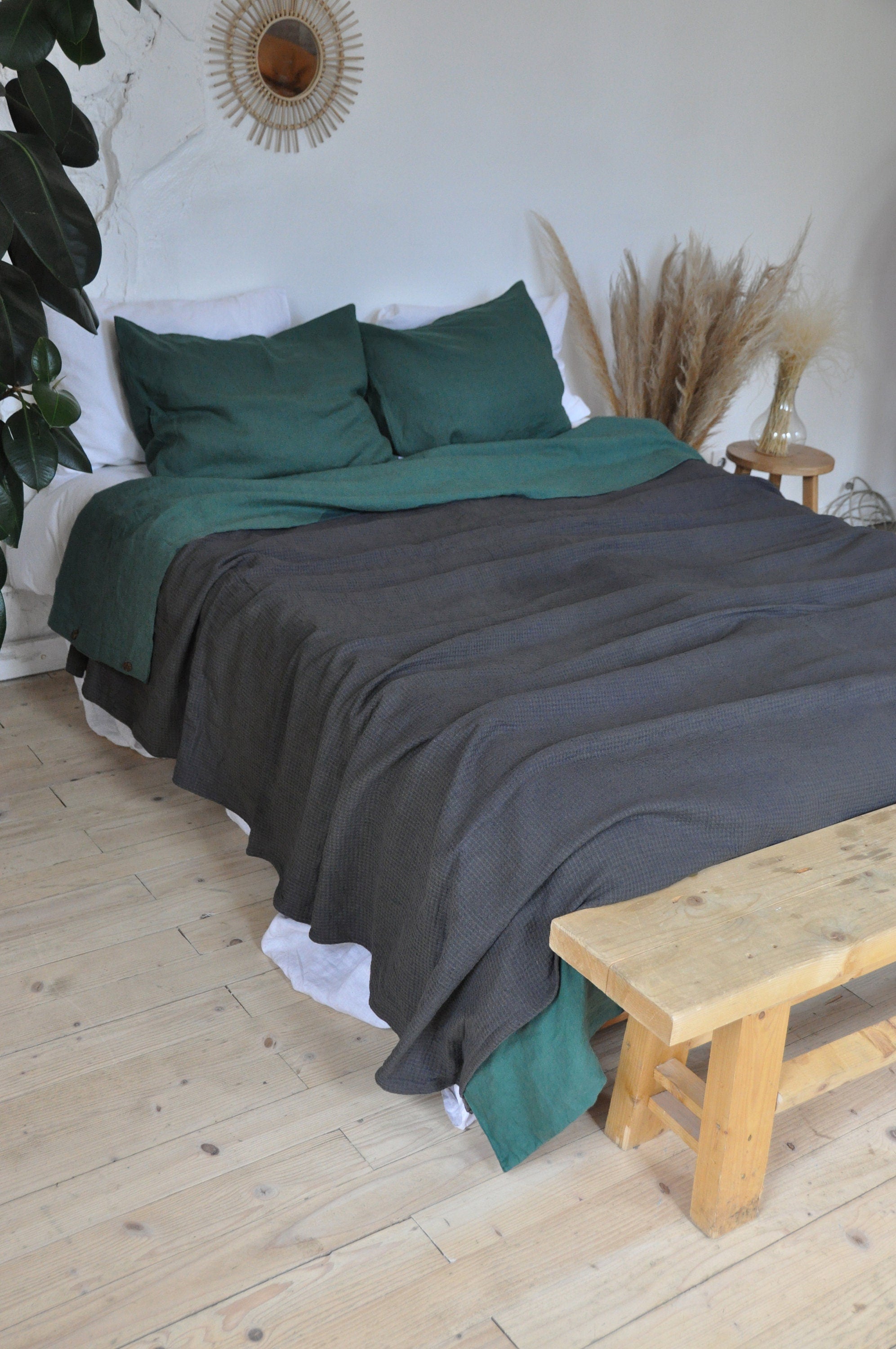 READY TO SHIP Charcoal waffle linen coverlet Heavy weight linen Waffle throw blanket Linen bed cover