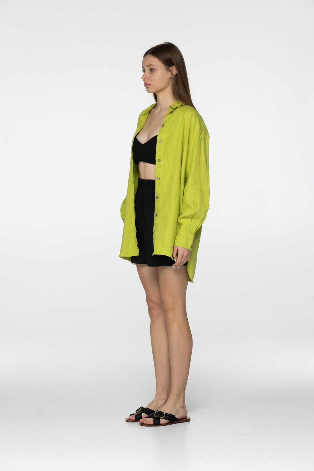 Lime long sleeve linen shirt Kaia Casual oversized button down blouse Loose linen blouse Coconut buttons Mom gift Custom sizes
