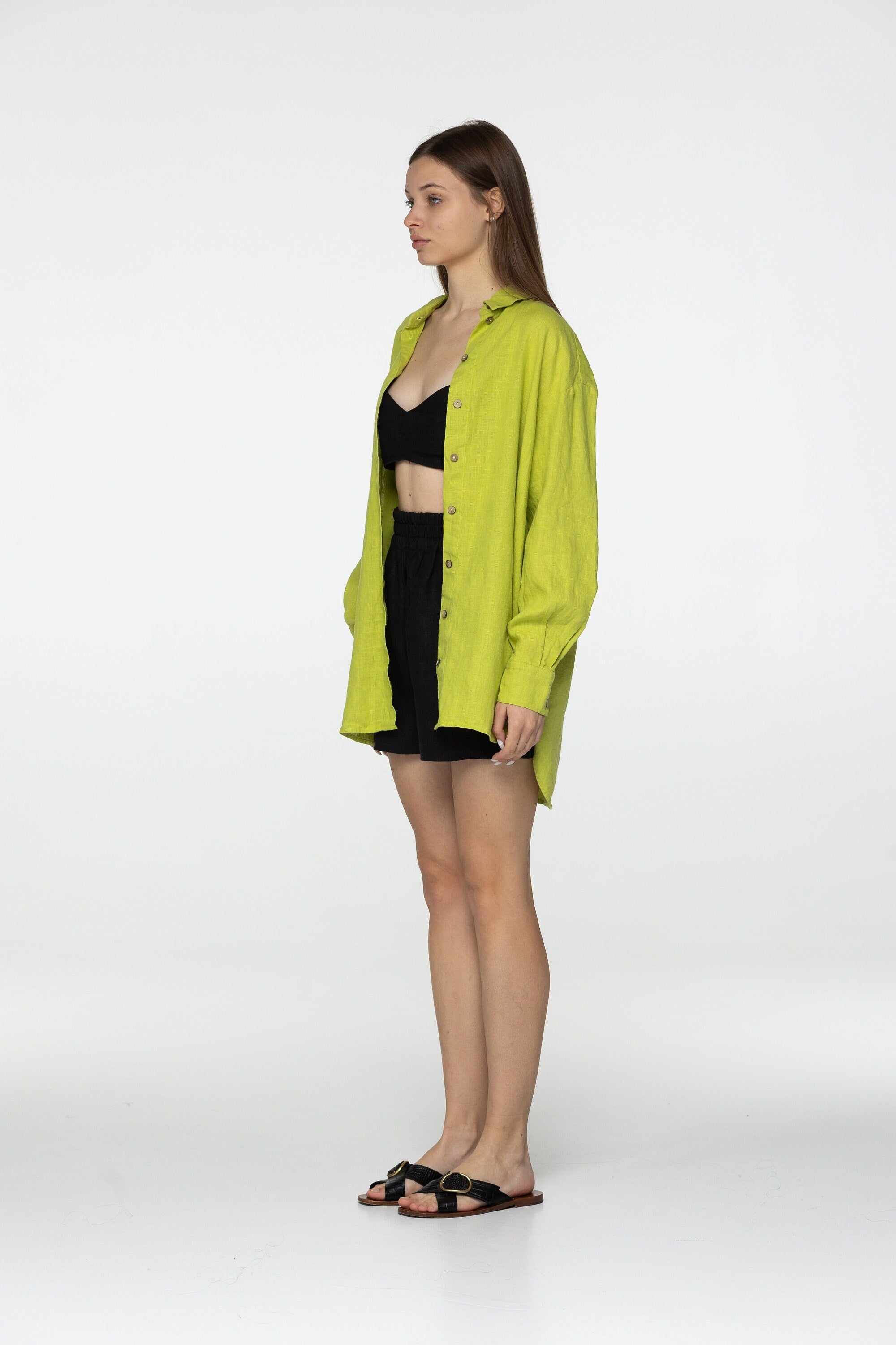 Lime long sleeve linen shirt Kaia Casual oversized button down blouse Loose linen blouse Coconut buttons Mom gift Custom sizes