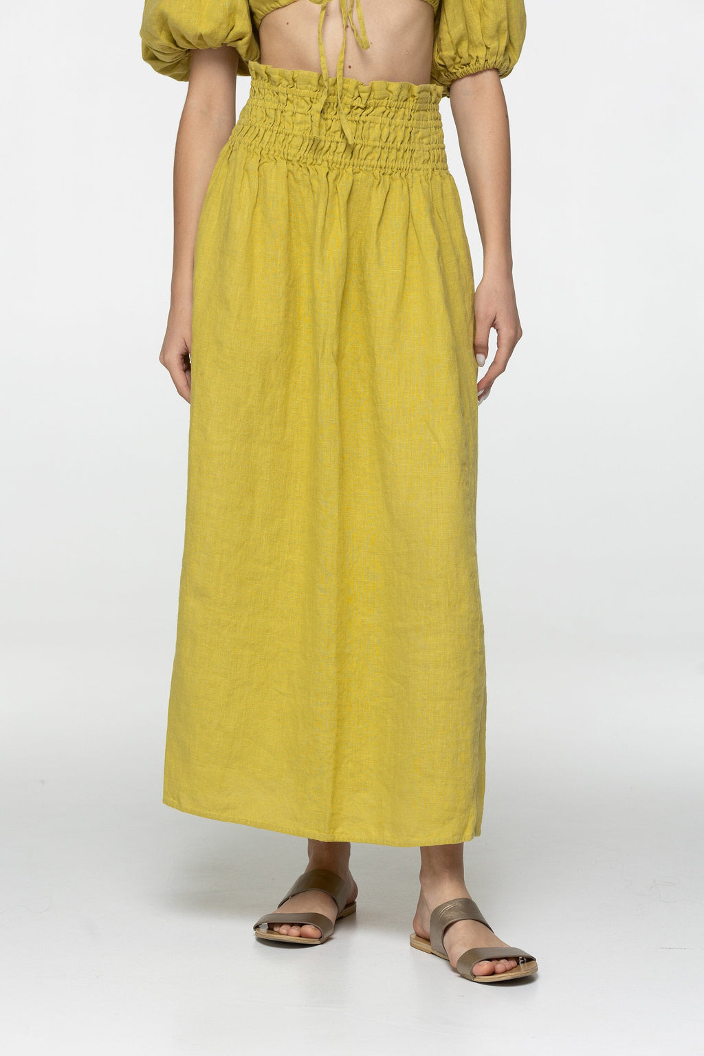 Loose Lemon linen maxi skirt Kiara Wide comfortable elastic waistband High waist romantic linen skirts with slit Custom Plus size
