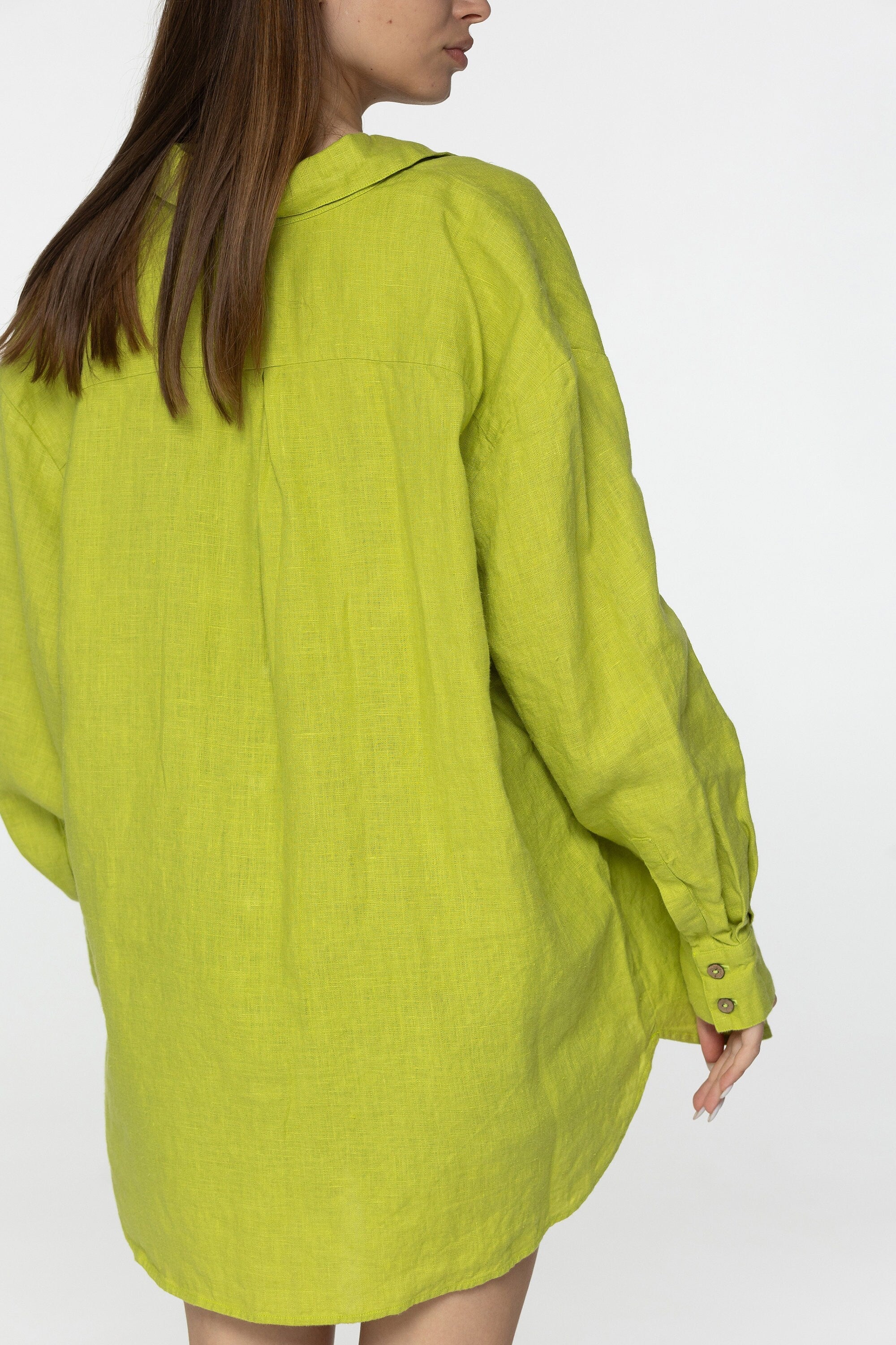 Lime long sleeve linen shirt Kaia Casual oversized button down blouse Loose linen blouse Coconut buttons Mom gift Custom sizes