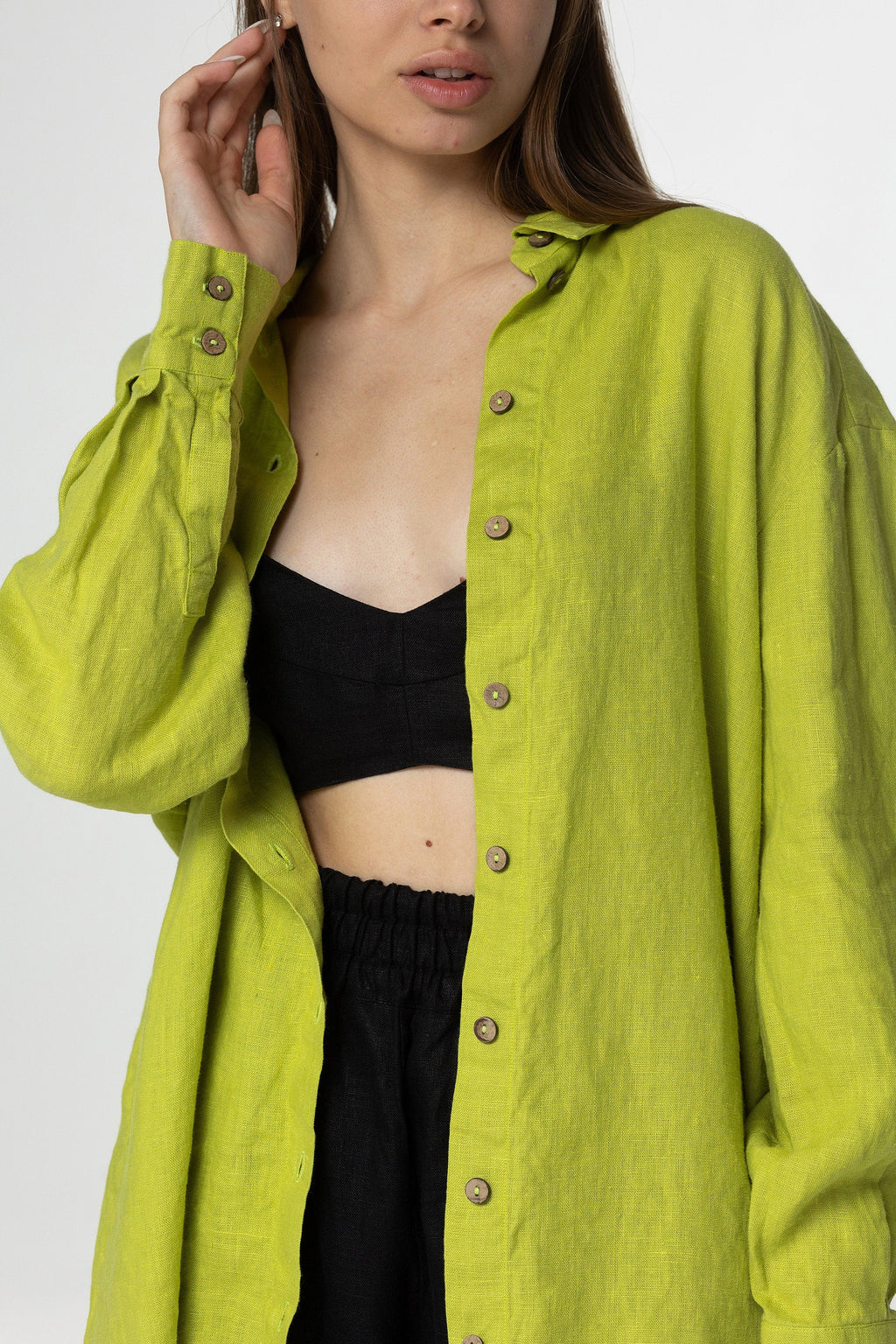 Lime long sleeve linen shirt Kaia Casual oversized button down blouse Loose linen blouse Coconut buttons Mom gift Custom sizes